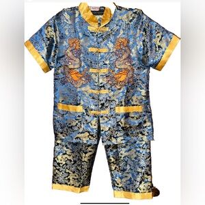 Girls Sz 12 Blue & Gold Pajama Set Asian‎ Embroidered Dragon eastern collection